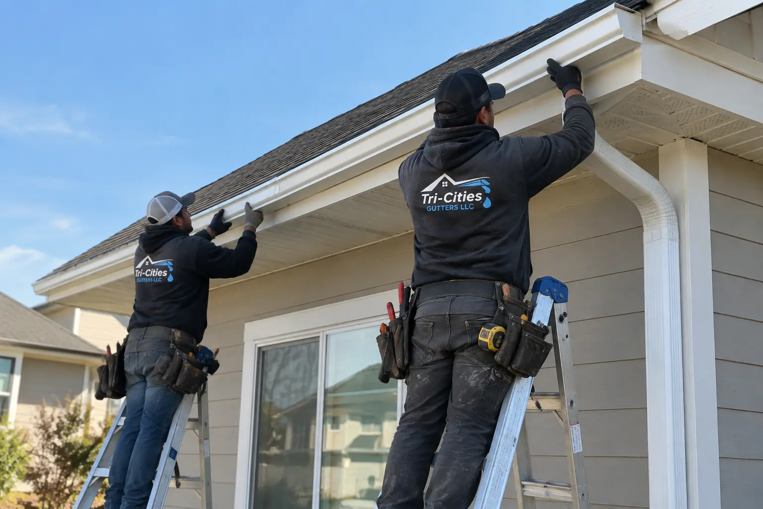 Tri-Cities Gutters LLC team performing maintenance on house gutters